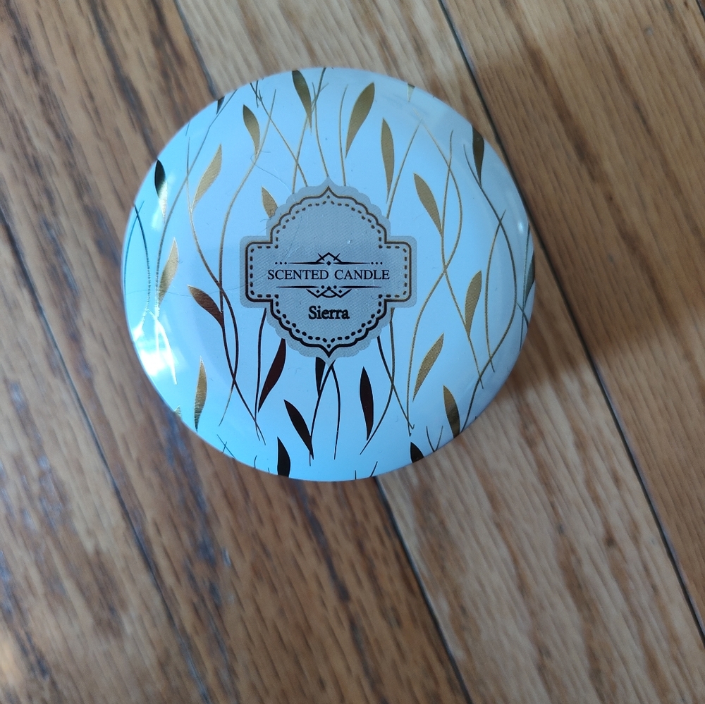 New! Scented Candle In Tin Container - Sierra - 3 Inches Wide By 2 Inches Tall